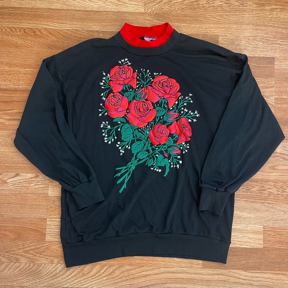 Vintage Tops - VINTAGE Grandma Floral Roses Graphic Sweatshirt Crewneck Pullover 90s Sz Large